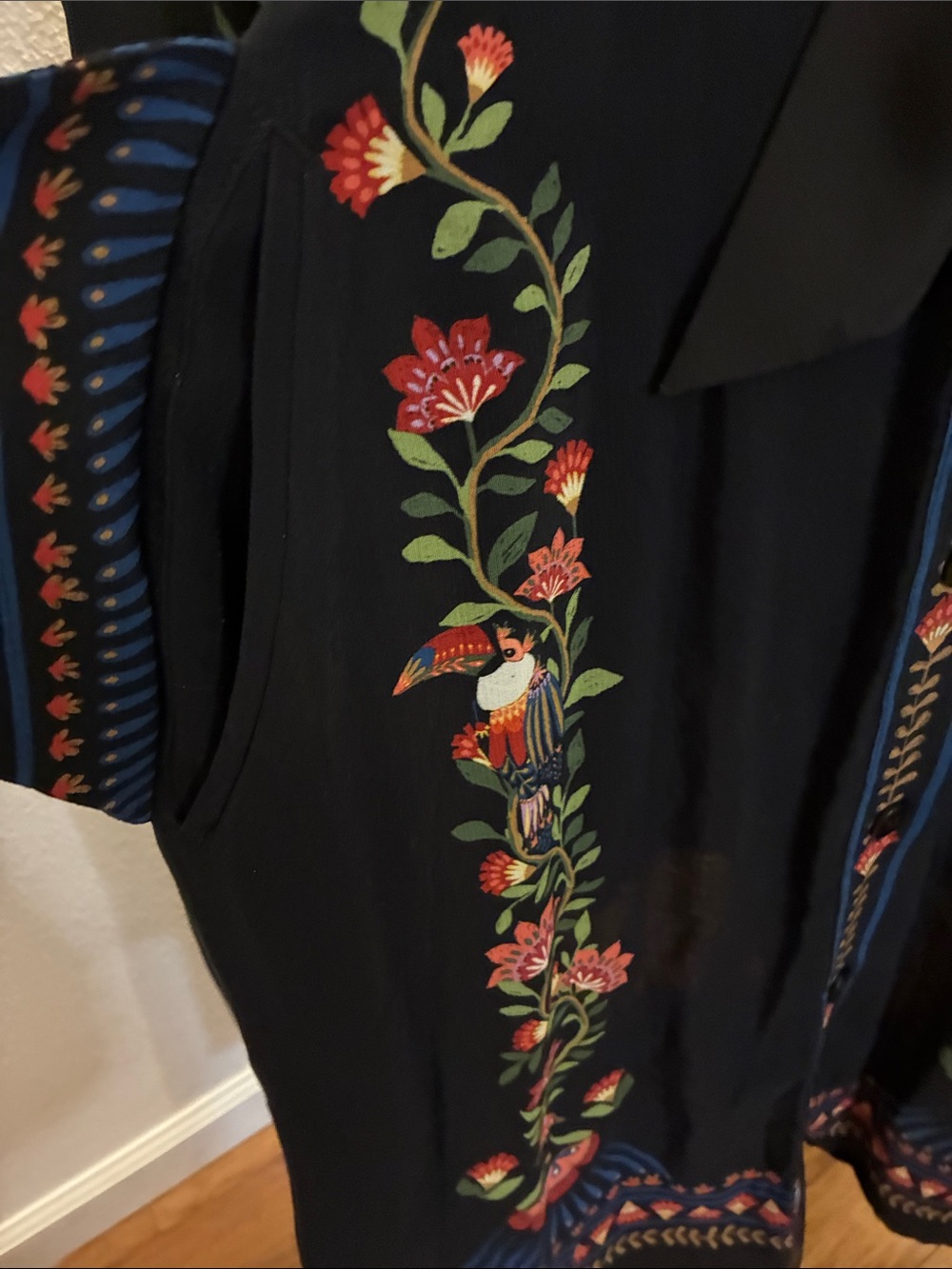 FARM Rio NWT Large Toucan Garden Black Button Front Midi Dress w/Tie & Pockets - Picture 12 of 16